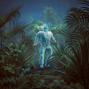 冒险外星人摄影照片_Back to nature / 3D illustration of science fiction scene showing astronaut exploring lush tropical alien jungle