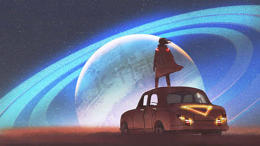 站在一辆老式汽车上的人的夜景, 在地平线上看着环的行星, 风格, 插图绘画