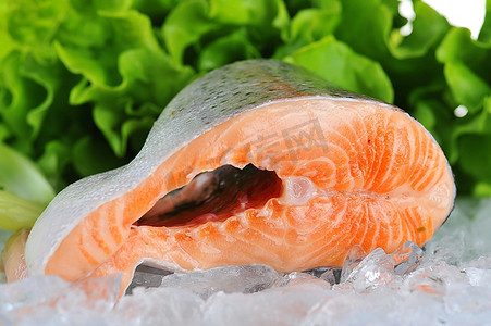 红鱼海鲜摄影照片_冰块红鱼和生菜