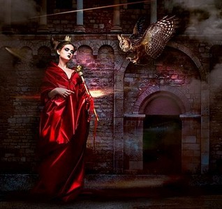 魔法师摄影照片_神秘主义。巫术。身穿红色披风的魔法师手持秃鹰。可怕的古堡