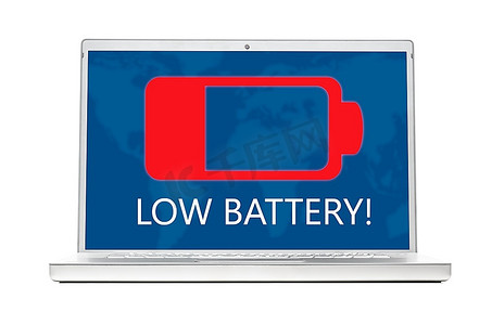 电池电量低摄影照片_隔离在白色背景上的现代笔记本电脑的电池电量越来越低