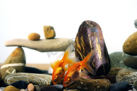 整齐波摄影照片_水族馆里的几条金鱼在排列整齐的禅石上