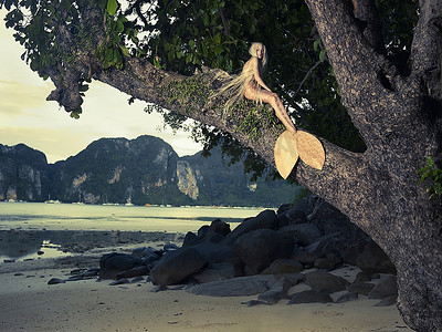 神话故事国潮插画摄影照片_美丽的时尚美人鱼坐在一个强大的树在海滩上