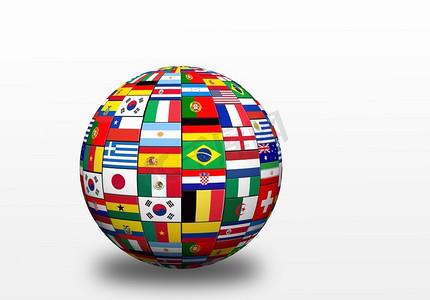 3d球体,投影和旗帜代表参加2014年巴西足球世界杯的所有国家