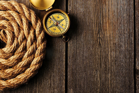 航海复古背景摄影照片_木质背景上的古董黄铜指南针和绳索