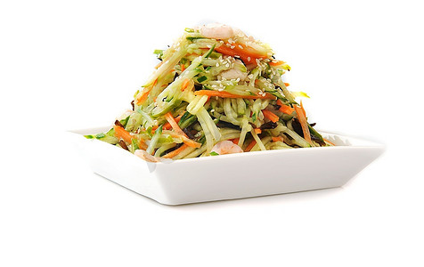 中国菜摄影照片_一碗虾和蔬菜沙拉。中国菜。