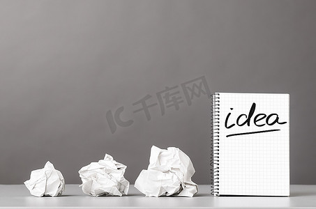 英文求职word简历摄影照片_创造性的过程。皱巴巴的纸巾和印有Word Idea的笔记本