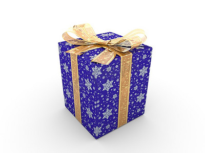 油炸星星摄影照片_蓝色礼品盒花式蝴蝶结系列(蓝色包装纸上有金色条纹和星星)