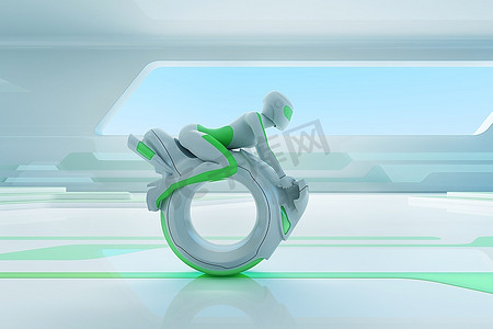 高科技内饰的未来摩托车手。未来主义交通概念系列。