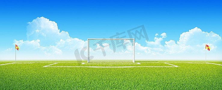 收藏海报摄影照片_在干净的空的绿色领域的足球（足球）目标.概念为队，冠军，联盟海报/网站设计。一个从收藏。