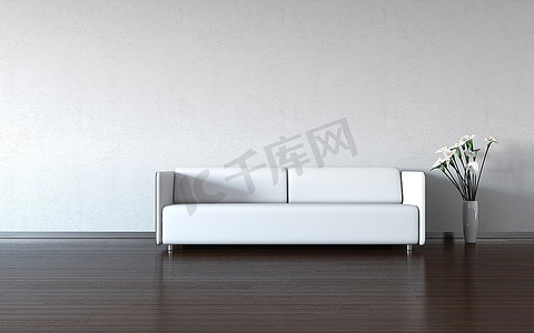 极简主义：白色沙发和靠墙的花瓶(3D极简主义总部内部和复制空间系列)
