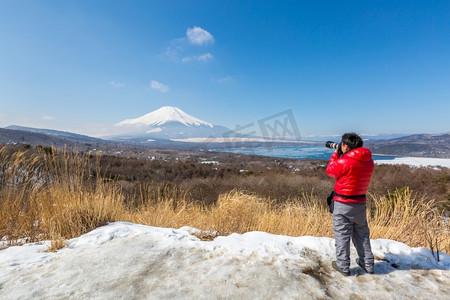 冬季山中湖富士山俯瞰全景
