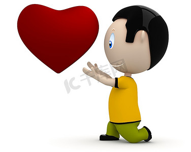 哦,我的爱,你是我的太阳!社交3d角色:男孩把手伸到心形.