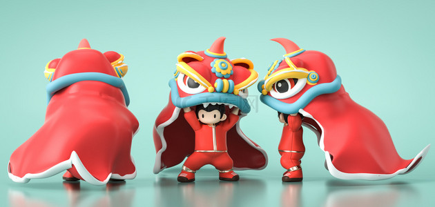 c4d人物舞狮红色卡通人物三视图