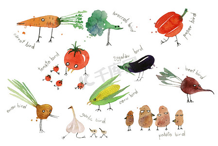 绿色卡通手绘叶子摄影照片_水彩画蔬菜、 卡通