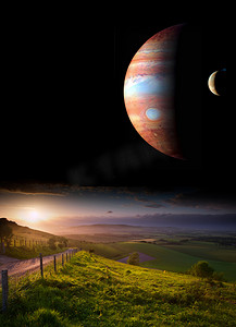 农村日落风景与夜晚天空元素中的行星