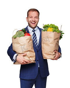 快乐的人持有与健康食品，杂货买方隔离袋