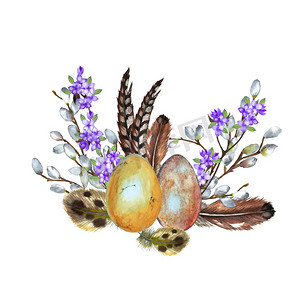 毛绒壁纸摄影照片_Beautiful spring realistic illustration of wild birds eggs, feathers, willow and lilac branches. Easter and springtime symbol. Watercolor hand painted isolated elements on white background.