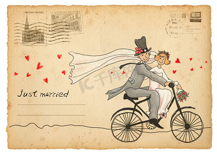 老式婚礼贺卡。新郎和新娘骑在自行车上