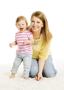 white摄影照片_Mother Baby Little Kid Family Portrait, Woman and Girl Child, White