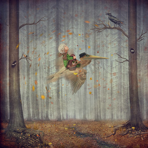 The little boy and brown pelican fly  in the autumn forest