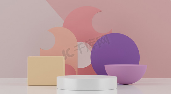 销售框摄影照片_三维渲染粉红珊瑚最小显示台或基座，用于模拟和产品展示，带有抽象的简单几何形状圆筒和立方体背景.