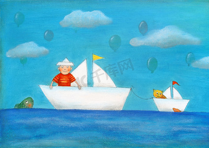 帆船卡通摄影照片_年轻的男孩，航行，孩子的画，布面油画