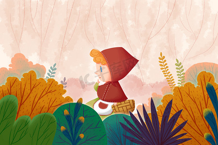 热门卡通图摄影照片_童话森林与小女孩在红帽。逼真的梦幻般的卡通风格艺术作品场景，壁纸，故事背景，卡设计 