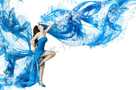 水瓜摄影照片_溶解在启动画面中的蓝色水穿裙子的女人舞蹈.