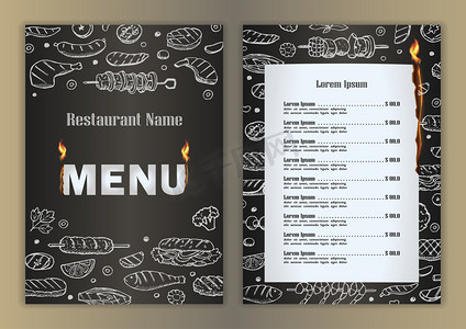 酒吧菜单摄影照片_餐馆的菜单用烤架烧烤手绘涂鸦元素