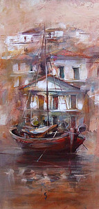 帆船壁纸摄影照片_船在岛港口，手工绘画