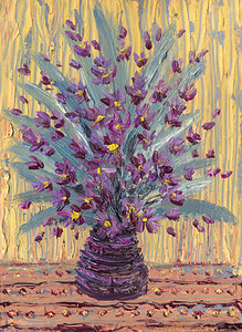 紫色创意花朵摄影照片_静物油。在黑暗的 va 的紫色魅力花束