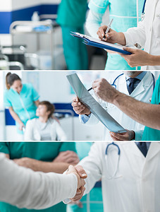 医务人员在医院工作, 医生检查医疗记录和满足病人, 医疗和医学考试横幅设置