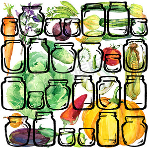 Vegetables. watercolor organic garden vegetables illustration. watercolor Canned vegetables and herbs background. pickled Vegetables background