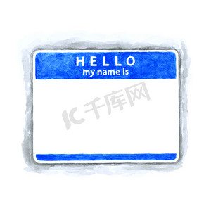 水墨形状摄影照片_蓝色空白你好我的名字是标签贴纸在白色背景上的阴影。手工水彩技法