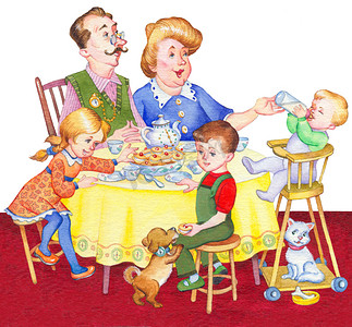 水彩插图。下午茶节日幸福的家庭