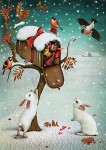 真兔子摄影照片_圣诞礼物在冬季森林带邮箱.