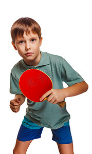 打乒乓球反手的男孩金发坪乒乓球男子拿顶