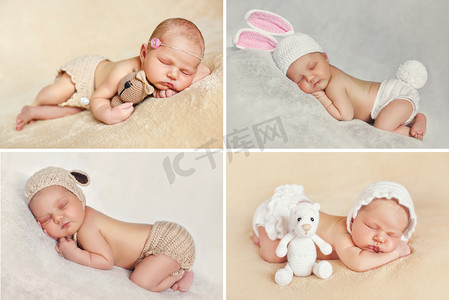 亲爱的图片摄影照片_平静的睡眠的一个新生的婴儿，四幅图片的拼贴画