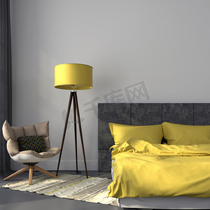 灰色卧室和黄色装饰