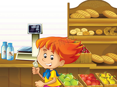 幼儿园食品摄影照片_与不同的物品和孩子们，店里图