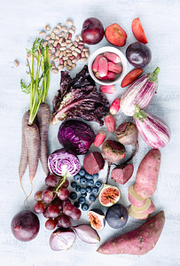 Assorted purple toned fruits and vegetables