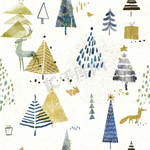 无缝可爱的模式与圣诞树和可爱的动物