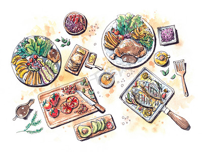 鸡架摄影照片_健康食品餐设置平躺水彩插图