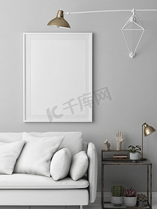 商务海报设计摄影照片_模拟海报, 时髦的白色阁楼与现代家具, 3d 渲染, 3d 插图