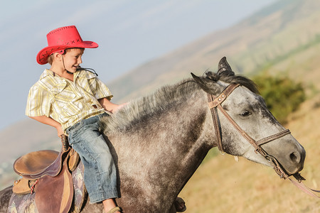 室外肖像的年轻快乐的男孩骑着马在农场里，rura