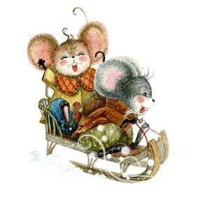 仙境动物摄影照片_可爱的老鼠雪橇骑与节庆云杉树枝。 水彩画圣诞插图