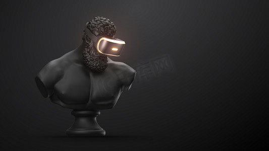 VR耳机与霓虹灯,未来的技术概念横幅.3D渲染的雕像，男人戴着黑色背景的虚拟现实眼镜。VR游戏。谢谢你看