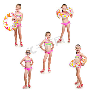儿童游泳圈摄影照片_收集的照片可爱的小女孩，与游泳圈