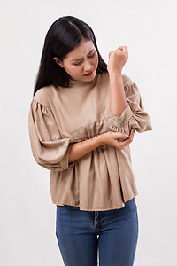 女人患肘关节痛、 类风湿或痛风 arthriis